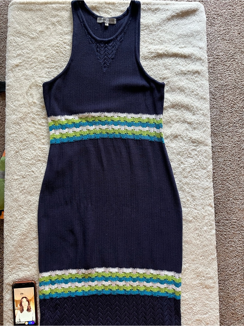 Absolutely Famous Navy Maxi Dress with Green & White Stripe Accents